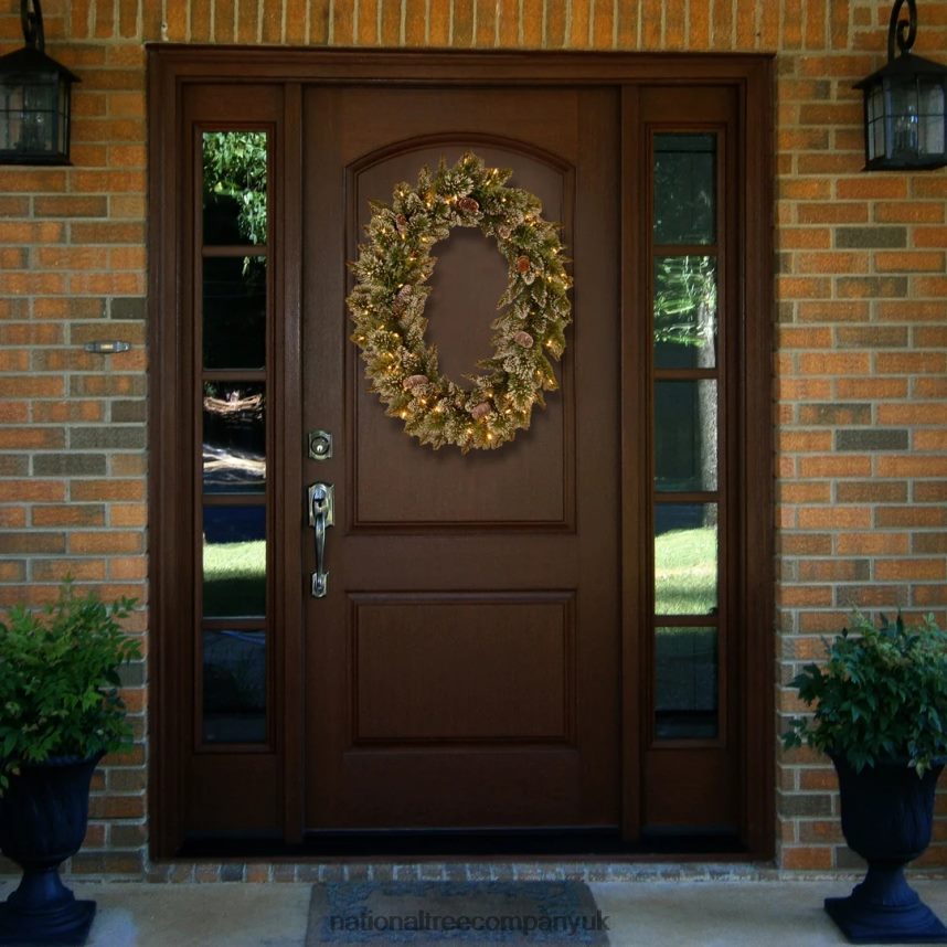 Greenery | National Tree Company Pre-Lit Artificial Christmas Oval Wreath Green Glittery Bristle Pine White Lights Decorated with Pine Cones Frosted Branches Christmas Collection 21 Inches F2L4